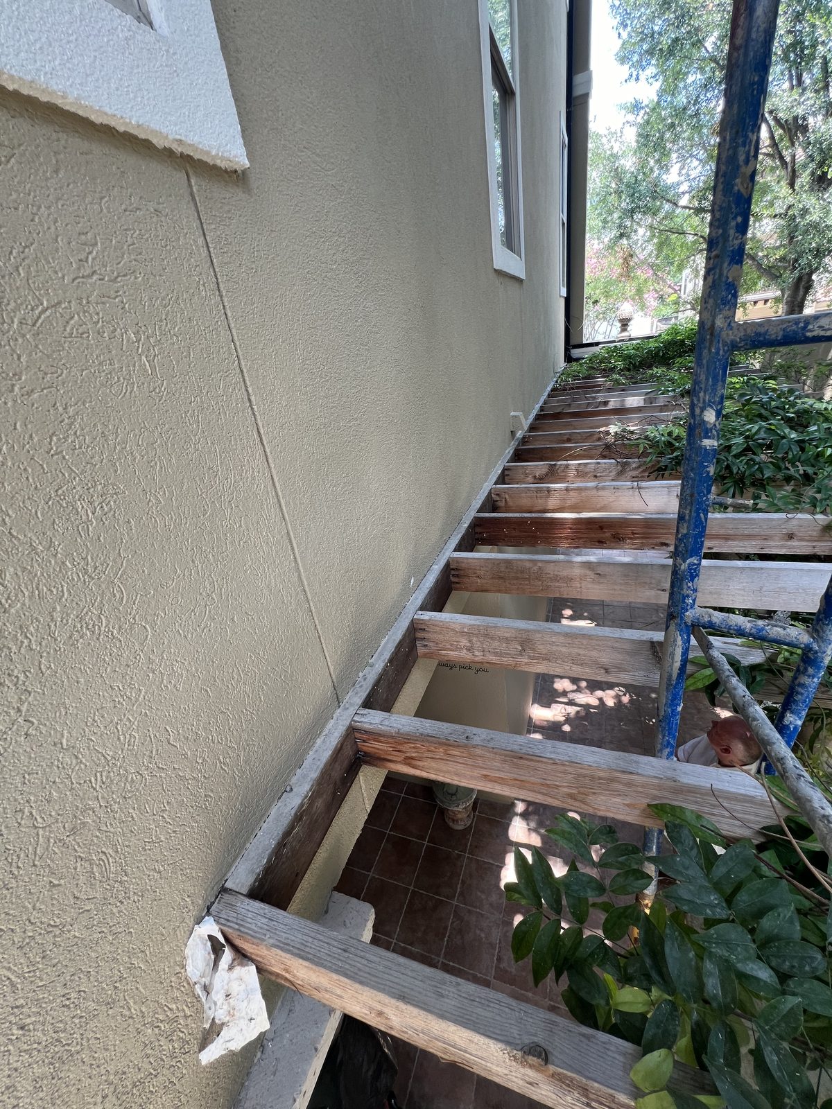 Stair framing masked and prepped